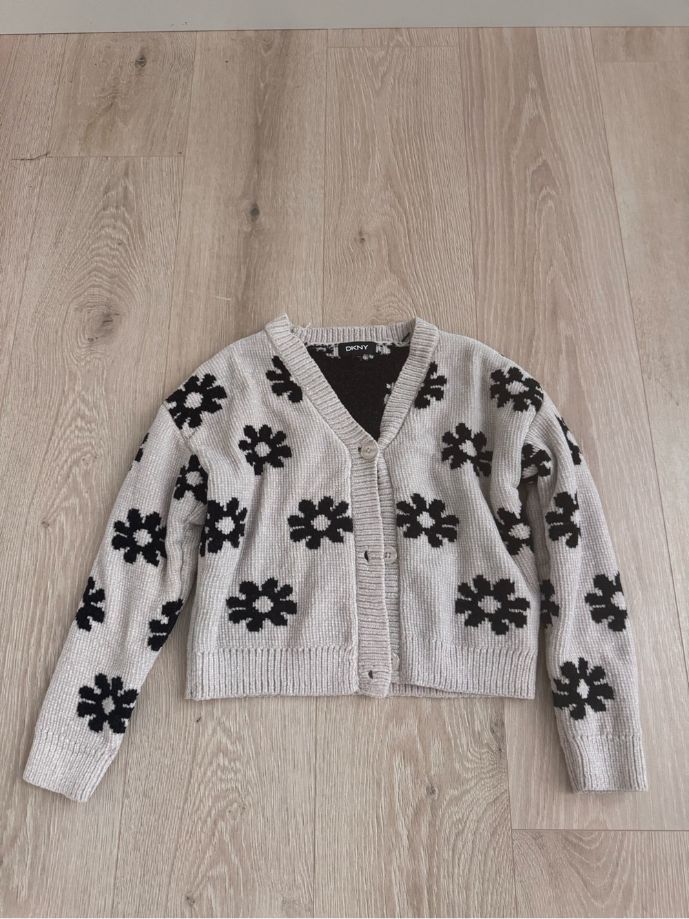 DKNY Cream Cardigan with Black Floral Motif